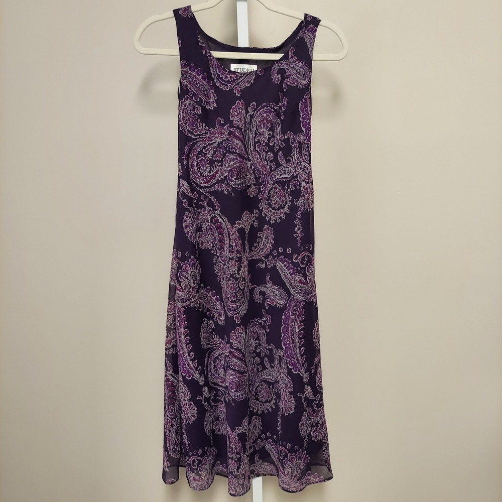 Studio I Petite Purple Paisley Chiffon Sleeveless Dress 8P Boho Bohamian 90s